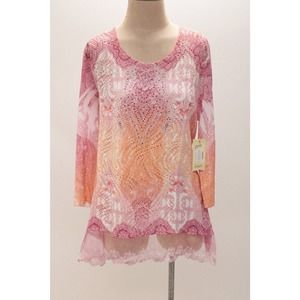 RReba Woman Top 2X Long Sleeve Embellished cutwork Island Getaway Pink Peach NWT